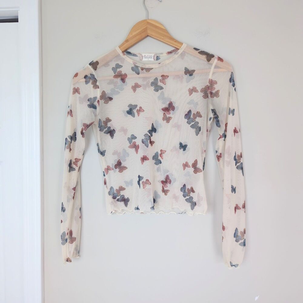 Altar'd State Y2K Mesh Long Sleeve Butterfly Print Lettuce Hem T Shirt Small